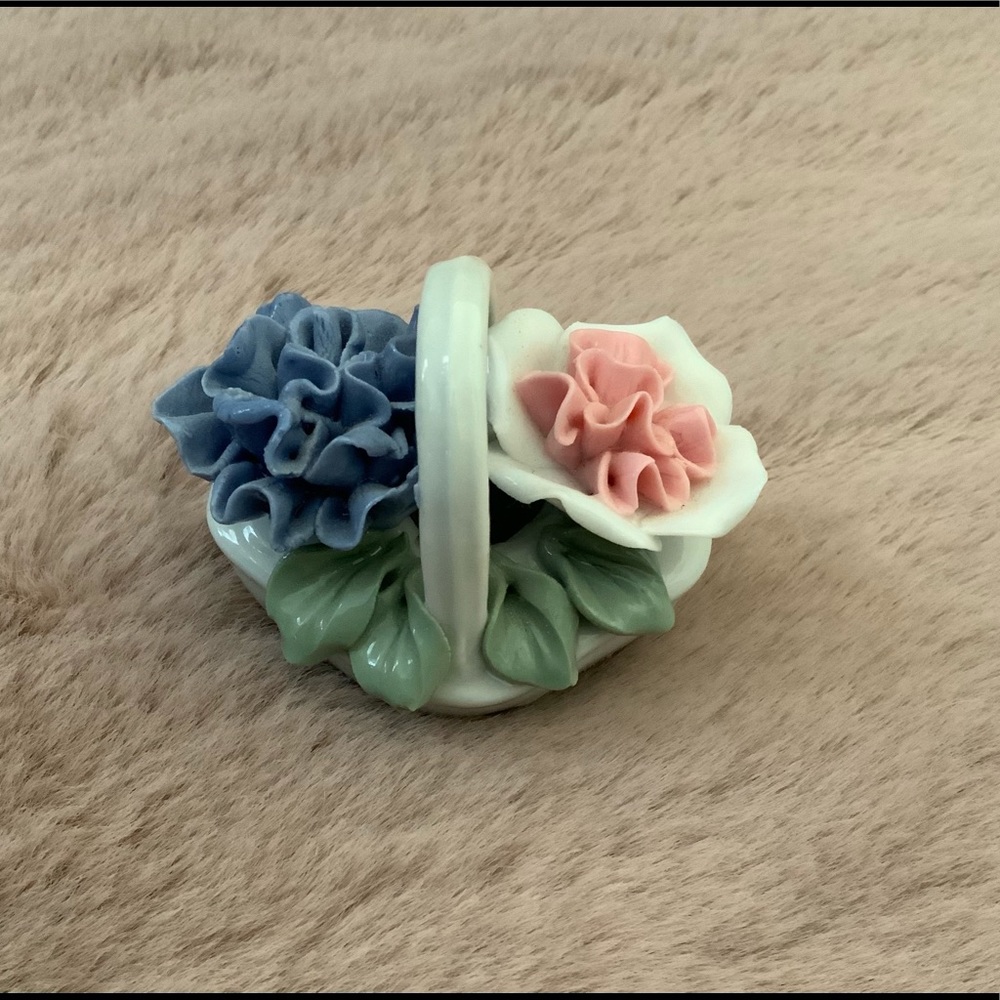 Vintage Mini White Pink Blue Flowers Green Leaves Basket Ceramic Figurines